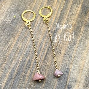 Minimalistic  Gold and Rhodonite drops statement long chain earrings